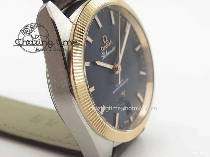 0214 Sporty Globemaster Master Chronometer SS RG V6F Best Edition Black Dial On Brown Leather Strap A 8270